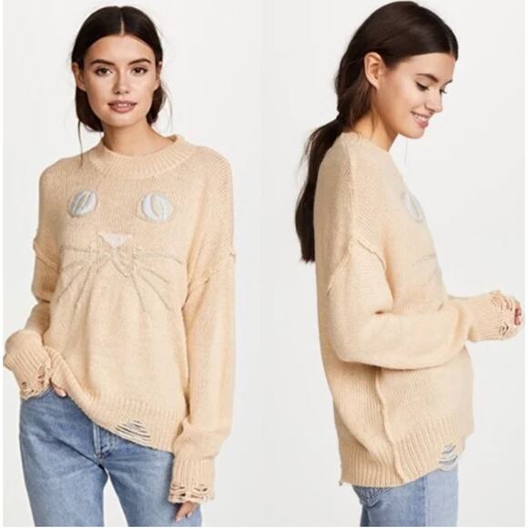 Wildfox tan kitty cat distressed sweater - Picture 1 of 6